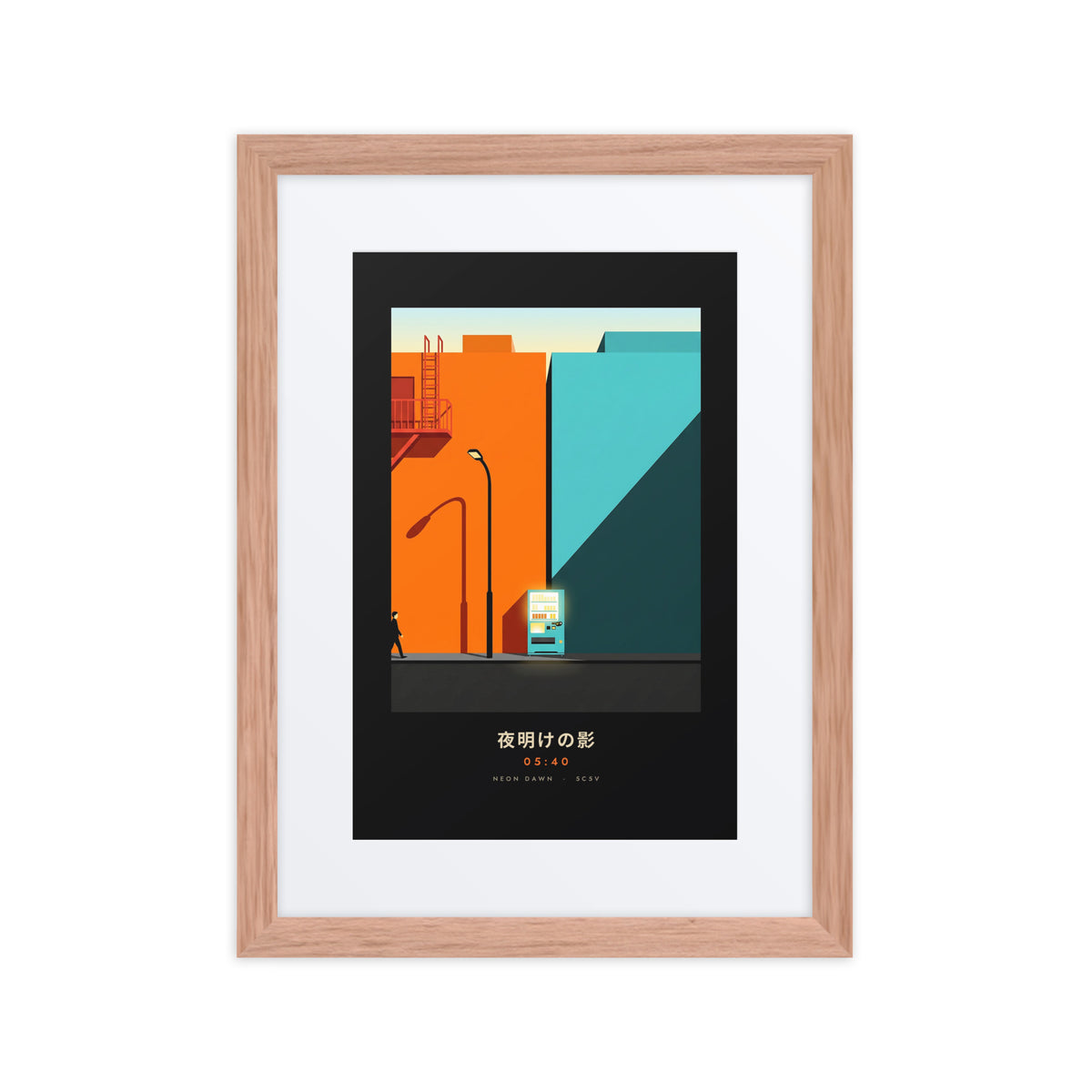 Red oak-framed Kage 影 (shadow) print, 12×16 in: an orange and teal Tokyo street at dawn, flat on white
