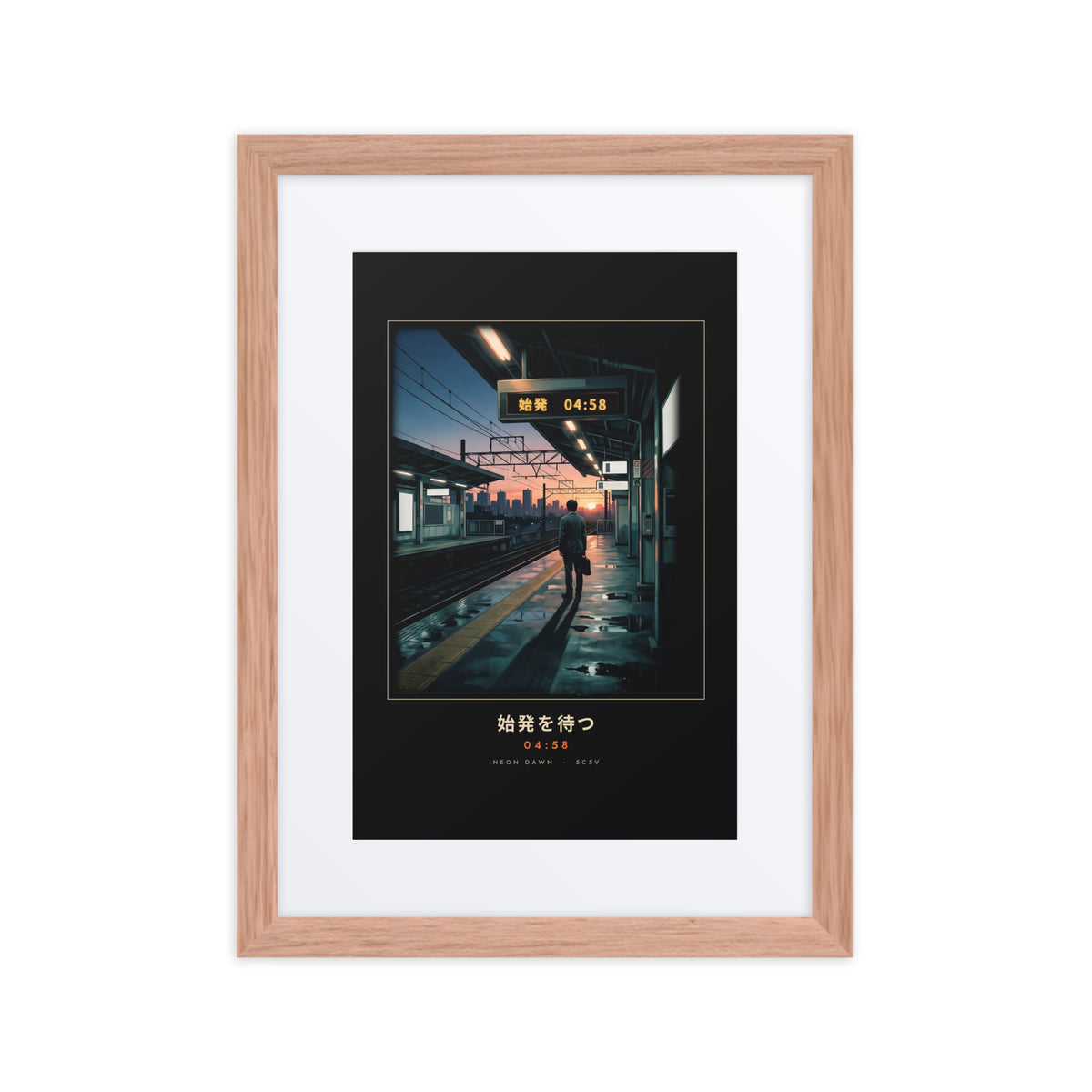 Red oak-framed Shihatsu 始発 (first train) print, 12×16 in: a commuter awaiting Tokyo's first train at sunrise, flat on white
