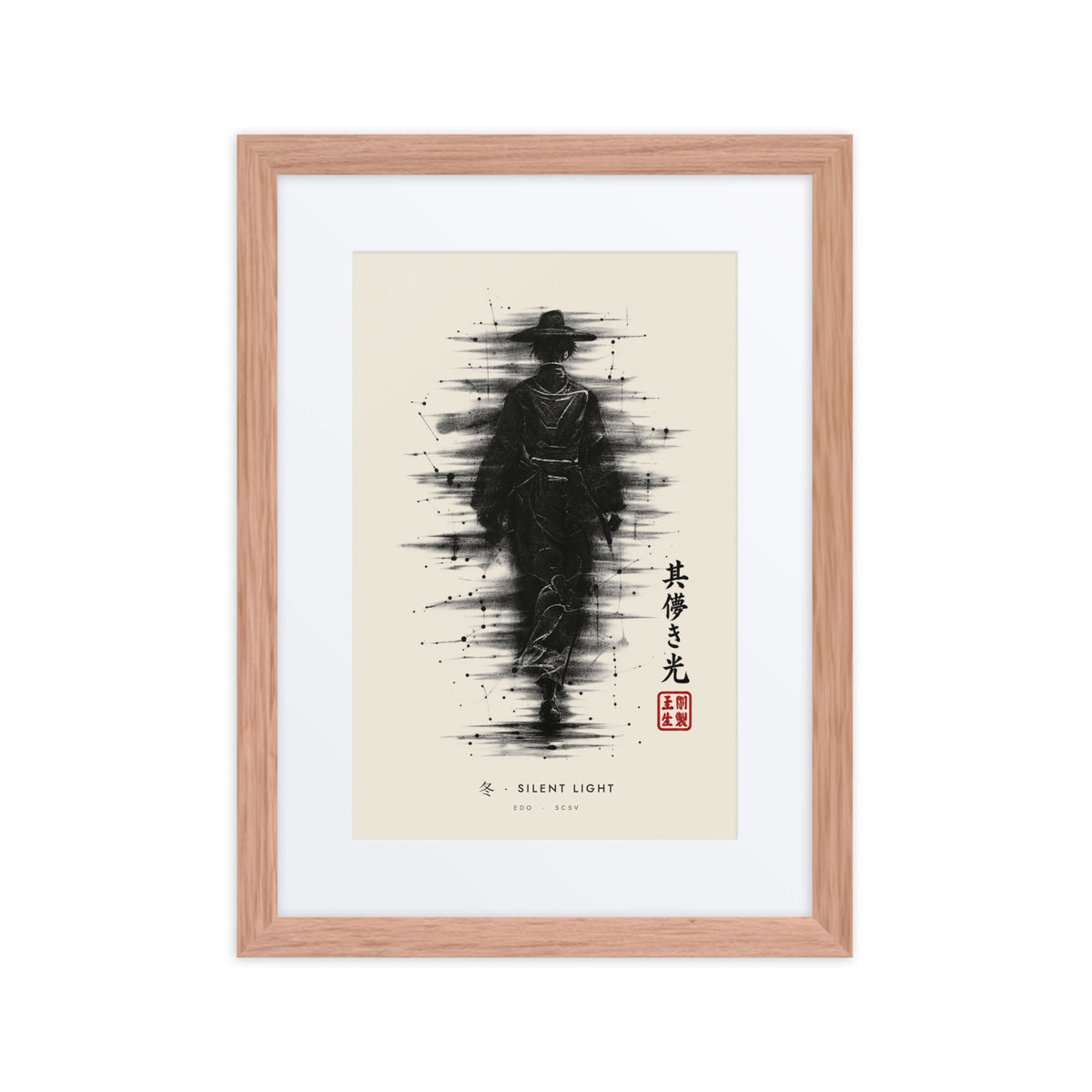 Red oak-framed Silent Light 冬 (winter) print, 12×16 in: ink traveller in a straw hat, heavy black ink, flat on white