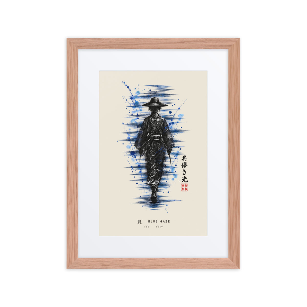 Red oak-framed Blue Haze 夏 (summer) print, 12×16 in: ink traveller in a straw hat, splashes of blue, flat on white