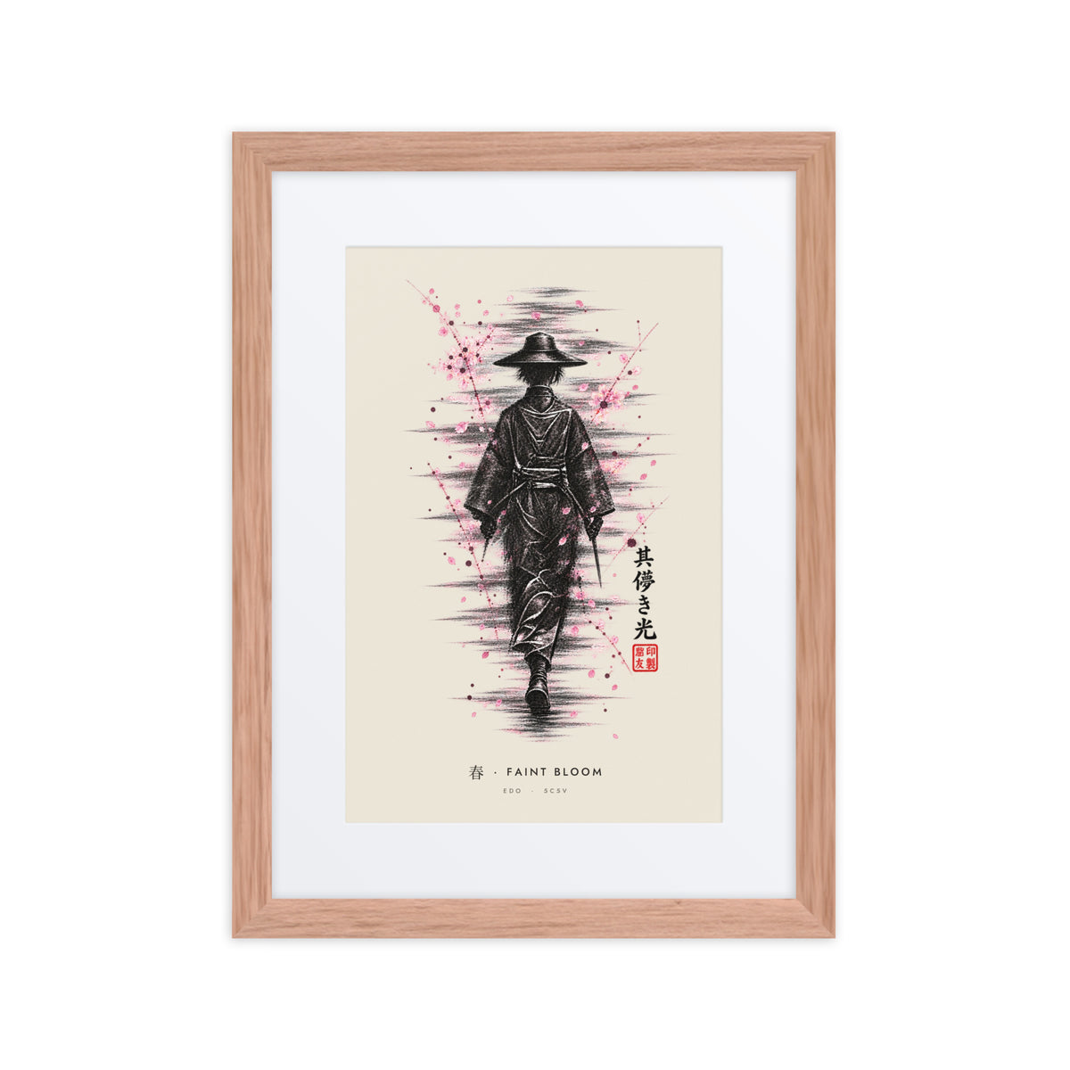 Red oak-framed Faint Bloom 春 (spring) print, 12×16 in: ink traveller in a straw hat, pink blossom, flat on white