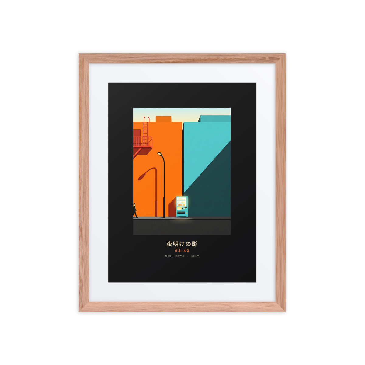 Red oak-framed Kage 影 (shadow) print, 16×20 in: an orange and teal Tokyo street at dawn, flat on white