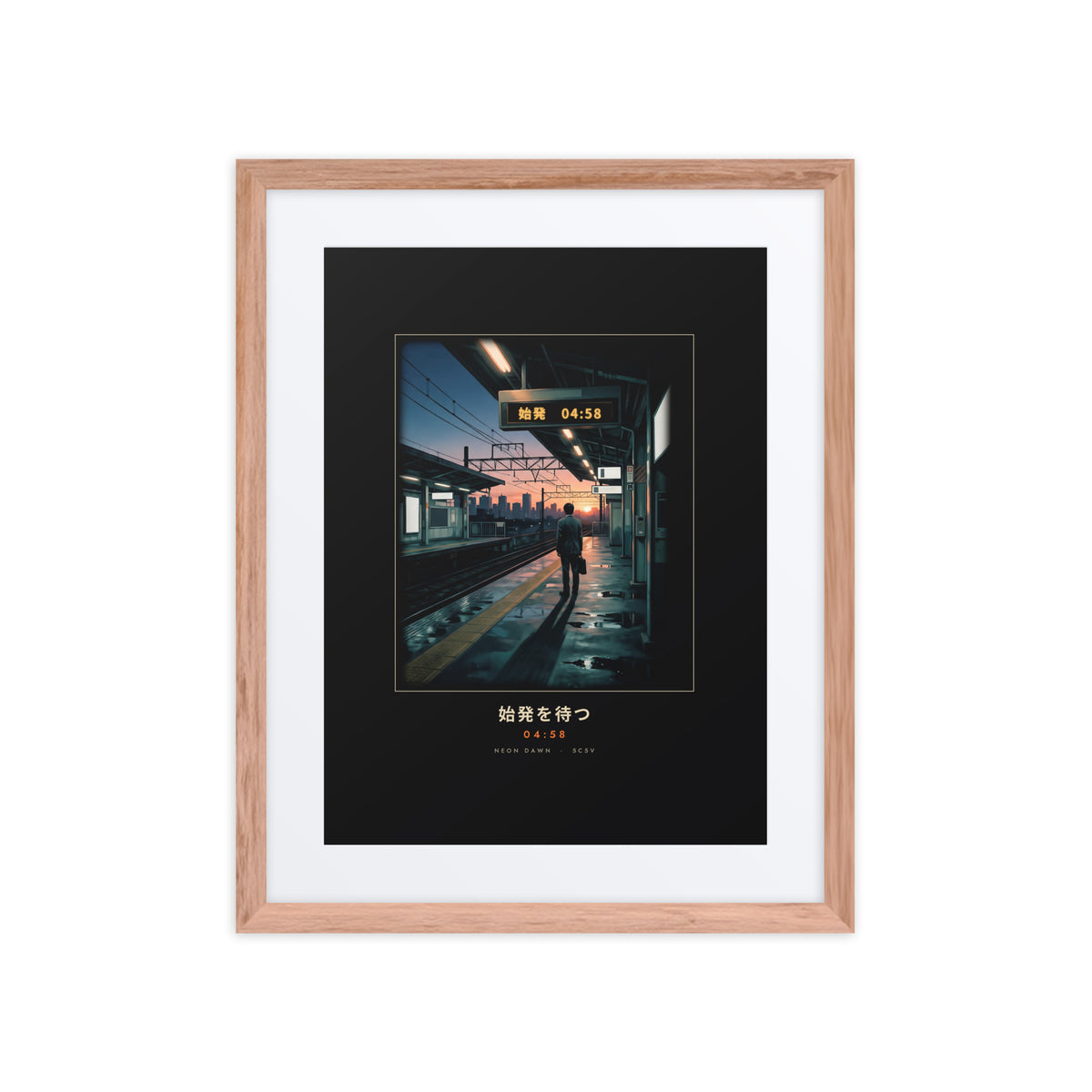 Red oak-framed Shihatsu 始発 (first train) print, 16×20 in: a commuter awaiting Tokyo's first train at sunrise, flat on white