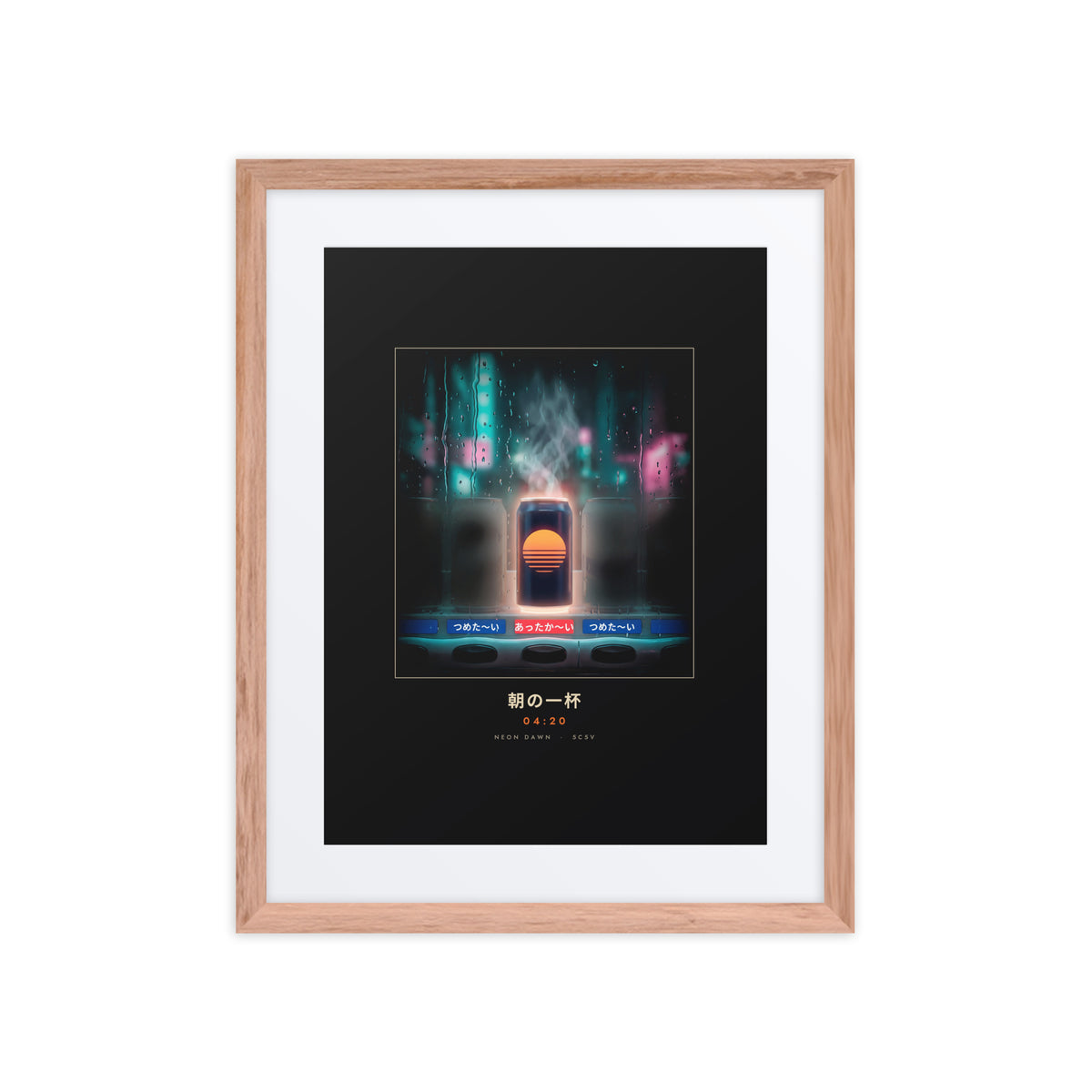 Red oak-framed Asa no Ippai 朝の一杯 (morning cup) print, 16×20 in: a hot can glowing in a rainy vending machine, flat on white