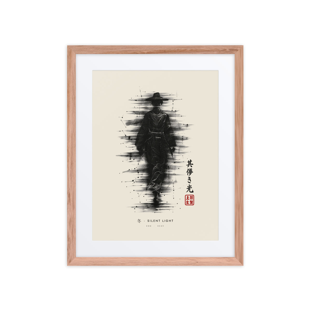 Red oak-framed Silent Light 冬 (winter) print, 16×20 in: ink traveller in a straw hat, heavy black ink, flat on white