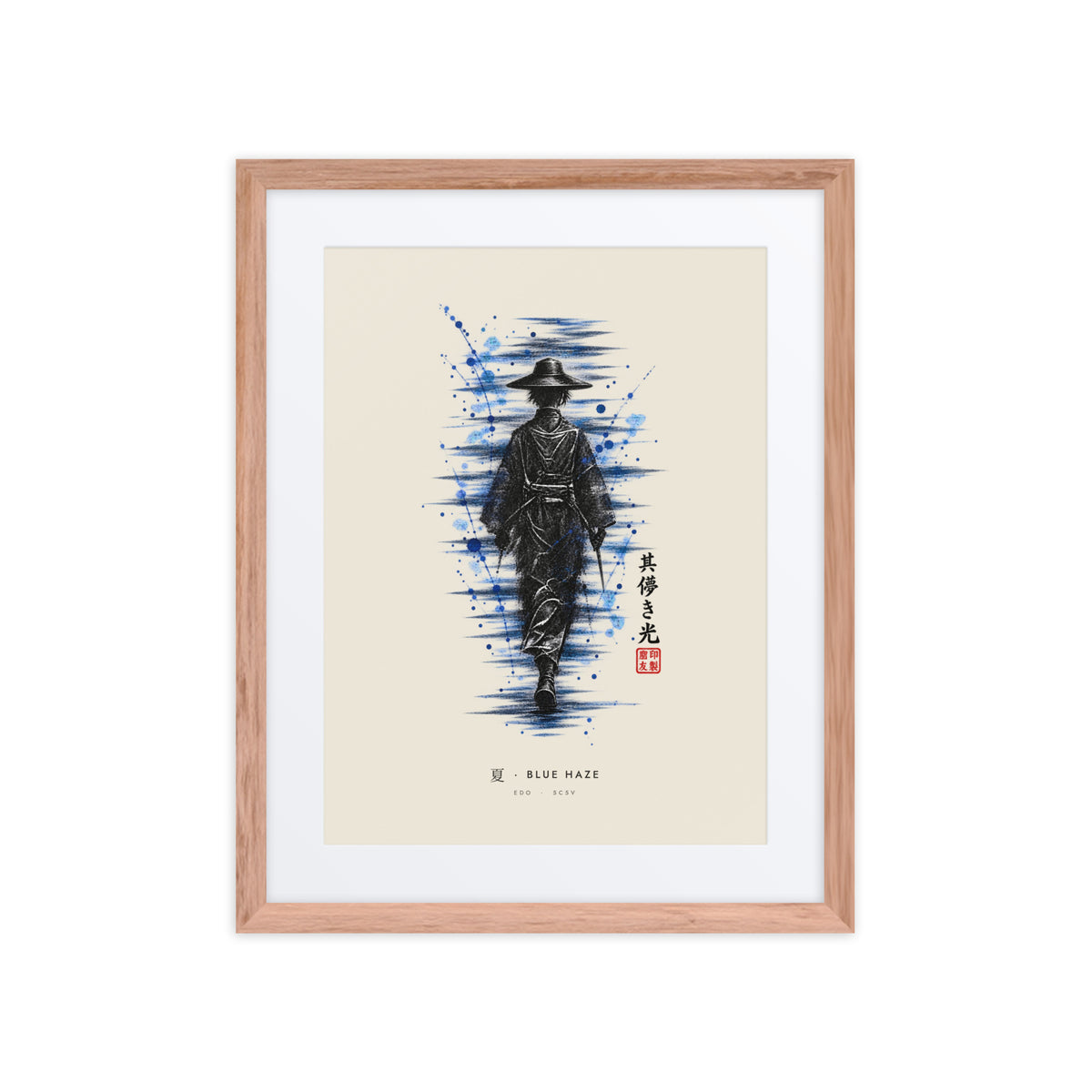 Red oak-framed Blue Haze 夏 (summer) print, 16×20 in: ink traveller in a straw hat, splashes of blue, flat on white