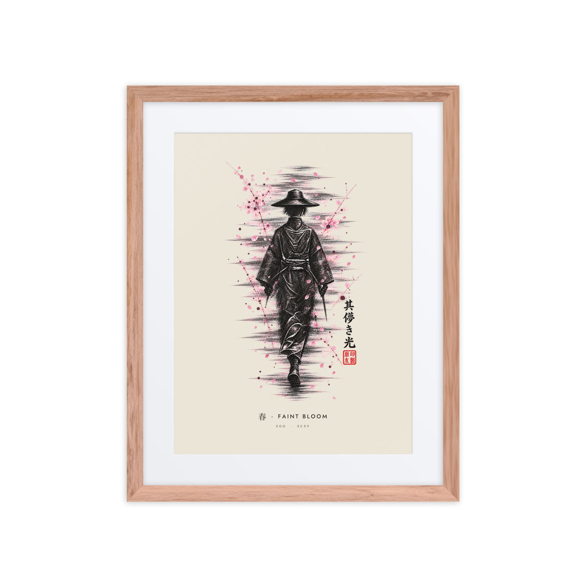 Red oak-framed Faint Bloom 春 (spring) print, 16×20 in: ink traveller in a straw hat, pink blossom, flat on white