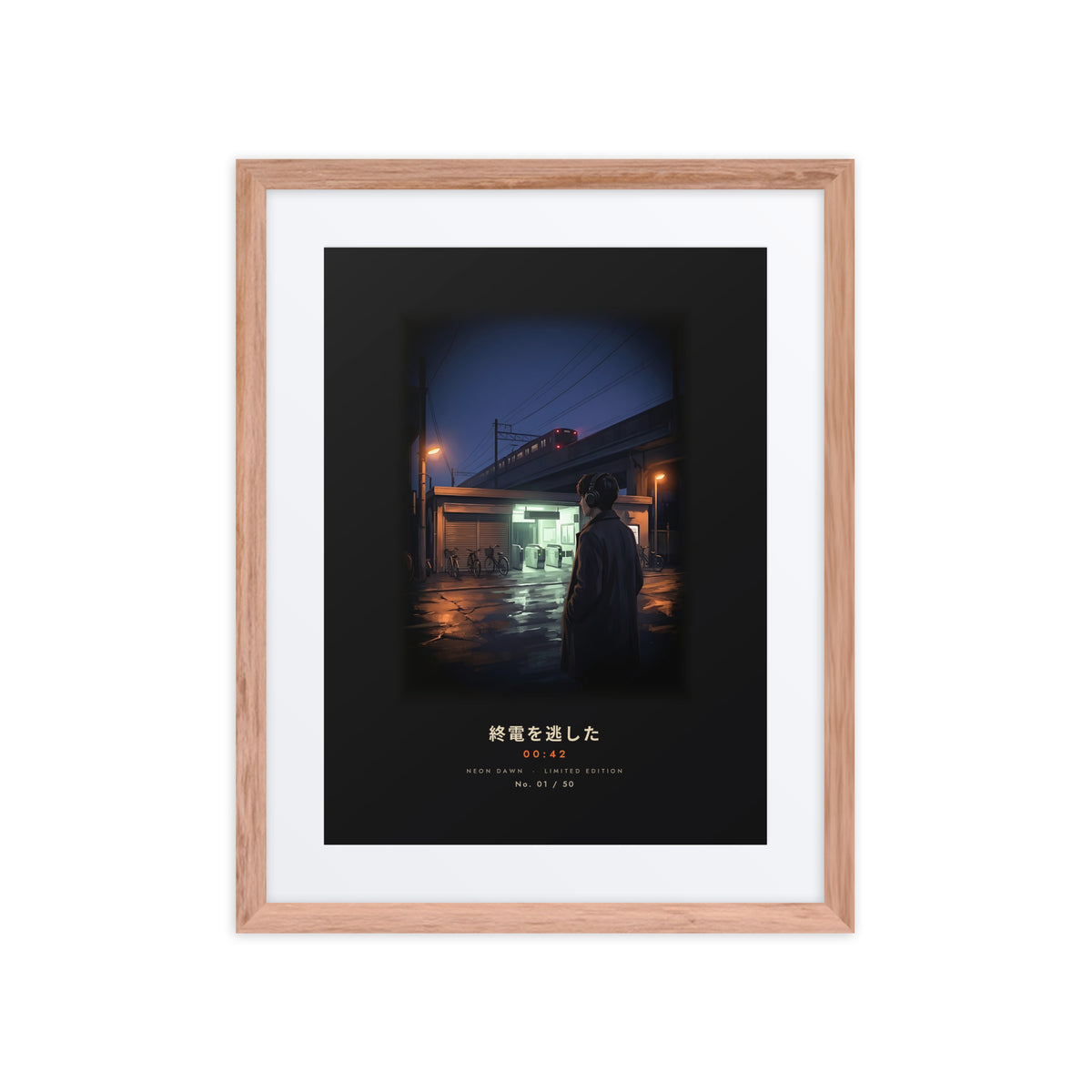 Red oak-framed Shūden 終電 (last train) print, 16×20 in: man in headphones outside a Tokyo station at midnight, flat on white