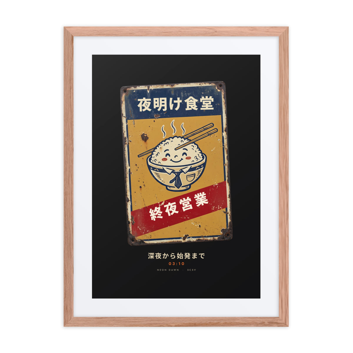 Red oak-framed Shuya Eigyo 終夜営業 (all night) print, 18×24 in: diner sign with a smiling rice bowl, flat on white