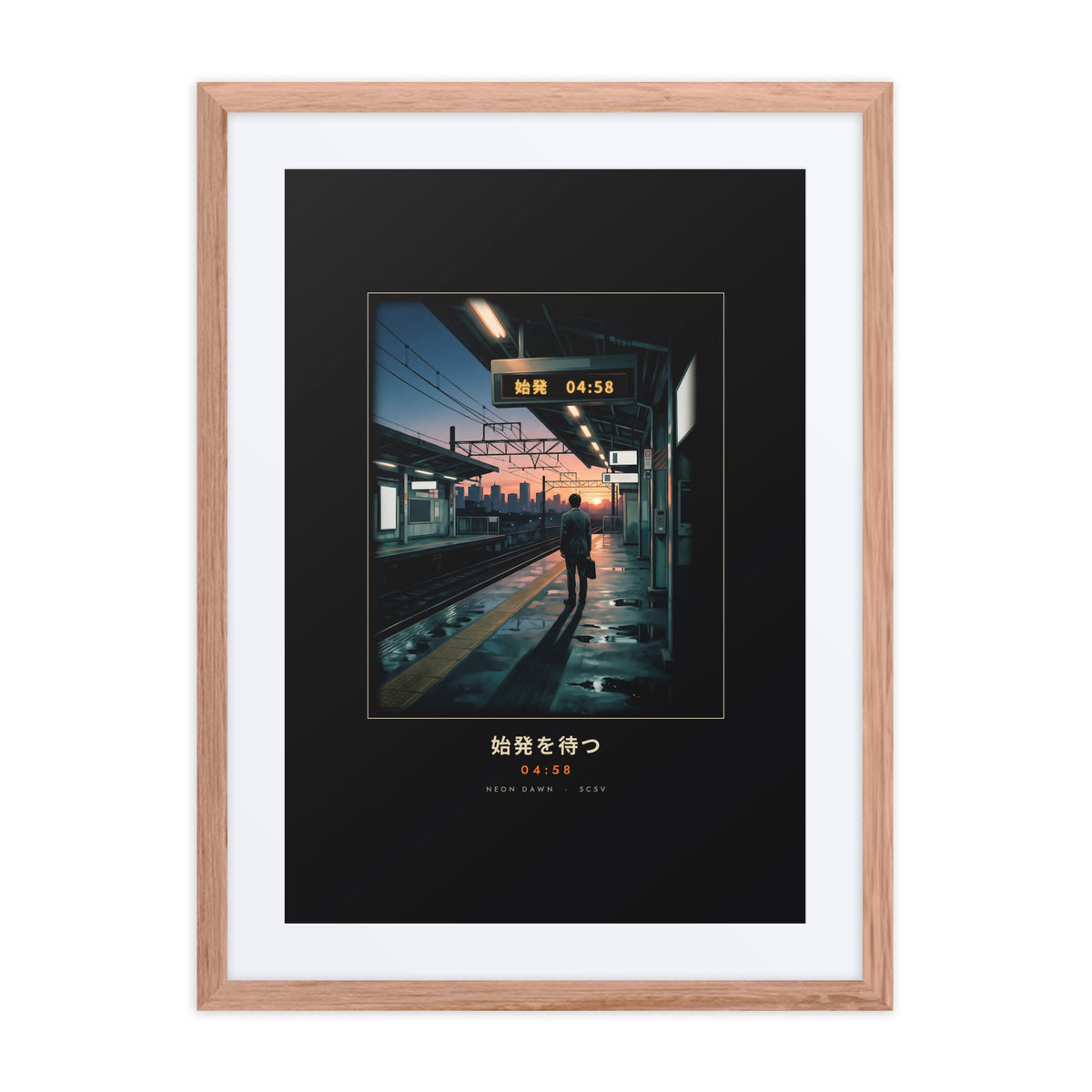 Red oak-framed Shihatsu 始発 (first train) print, 18×24 in: a commuter awaiting Tokyo's first train at sunrise, flat on white