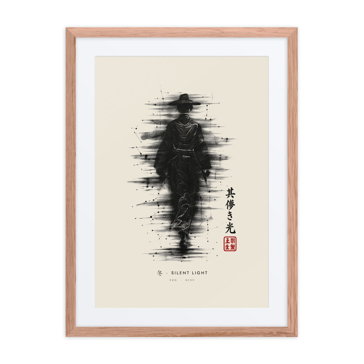 Red oak-framed Silent Light 冬 (winter) print, 18×24 in: ink traveller in a straw hat, heavy black ink, flat on white