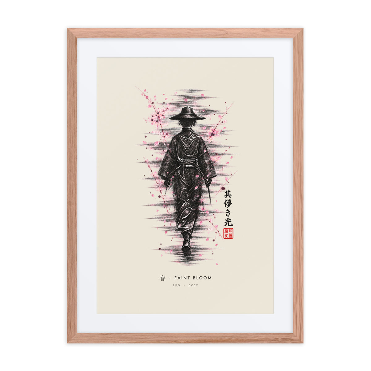 Red oak-framed Faint Bloom 春 (spring) print, 18×24 in: ink traveller in a straw hat, pink blossom, flat on white