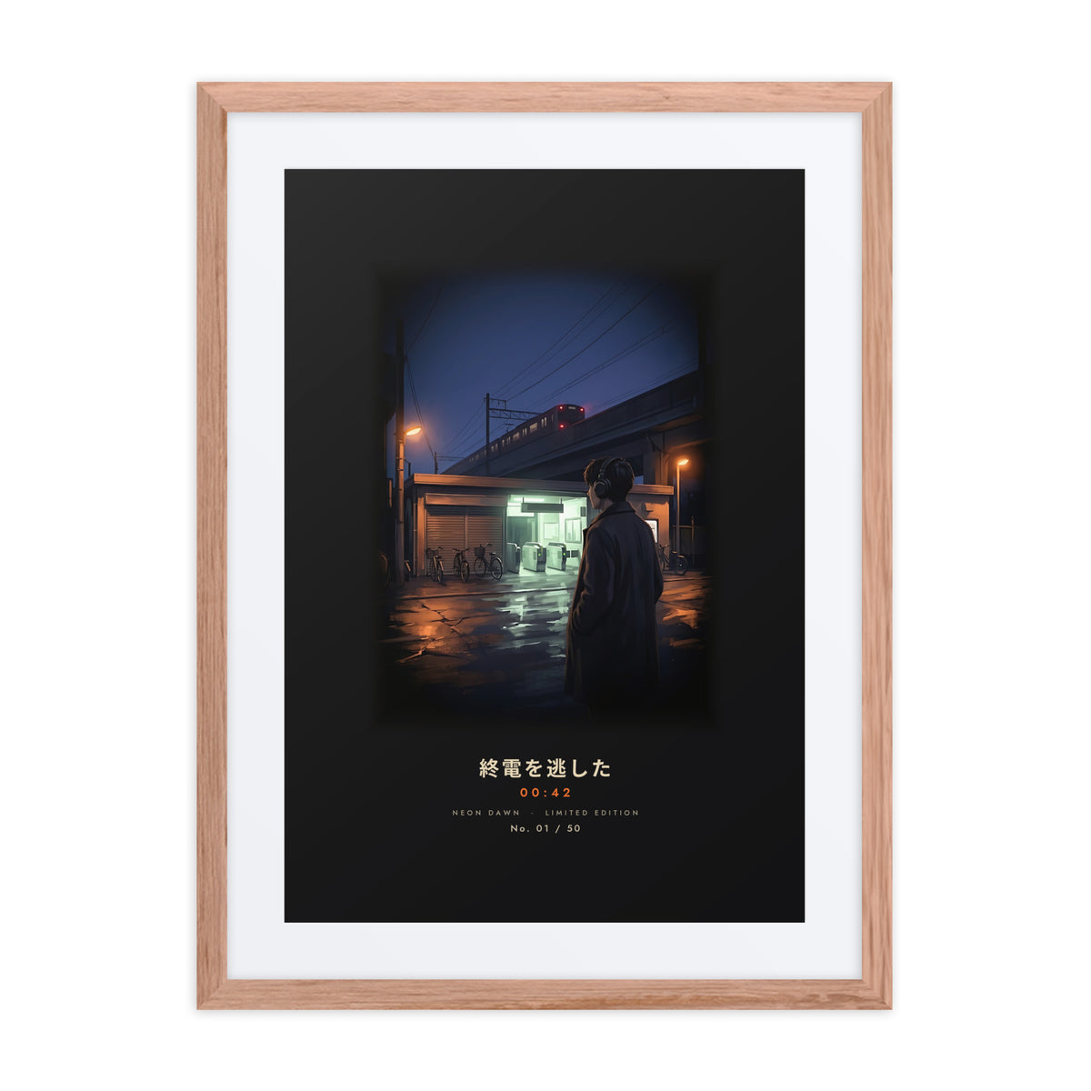 Red oak-framed Shūden 終電 (last train) print, 18×24 in: man in headphones outside a Tokyo station at midnight, flat on white