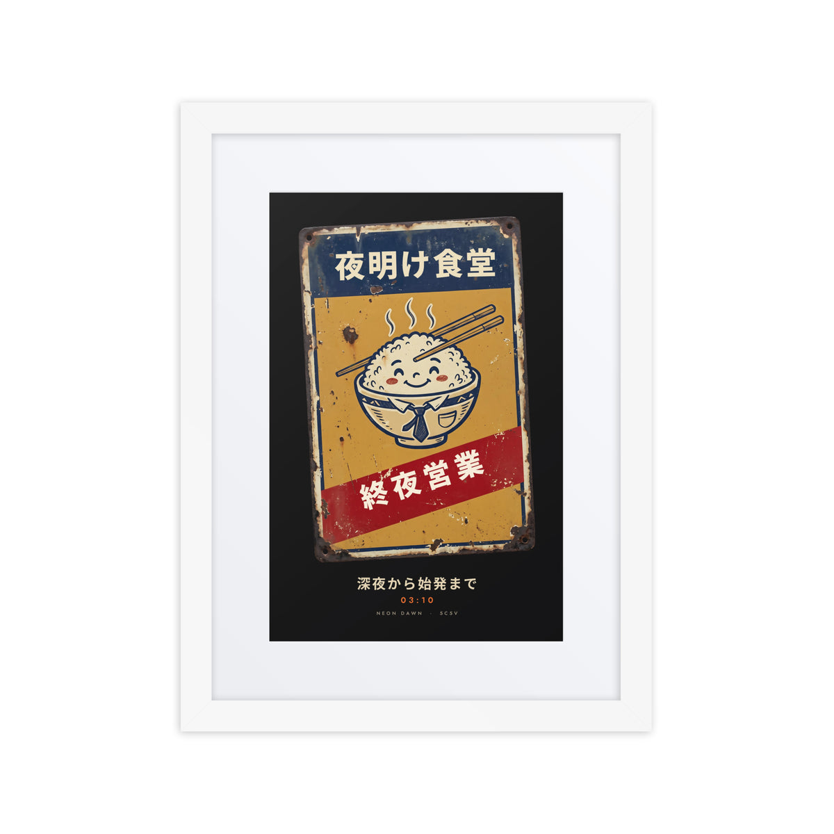 White-framed Shuya Eigyo 終夜営業 (all night) print, 12×16 in: diner sign with a smiling rice bowl, flat on white