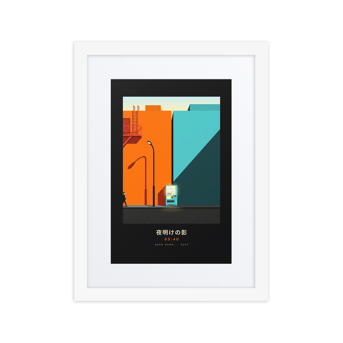 White-framed Kage 影 (shadow) print, 12×16 in: an orange and teal Tokyo street at dawn, flat on white