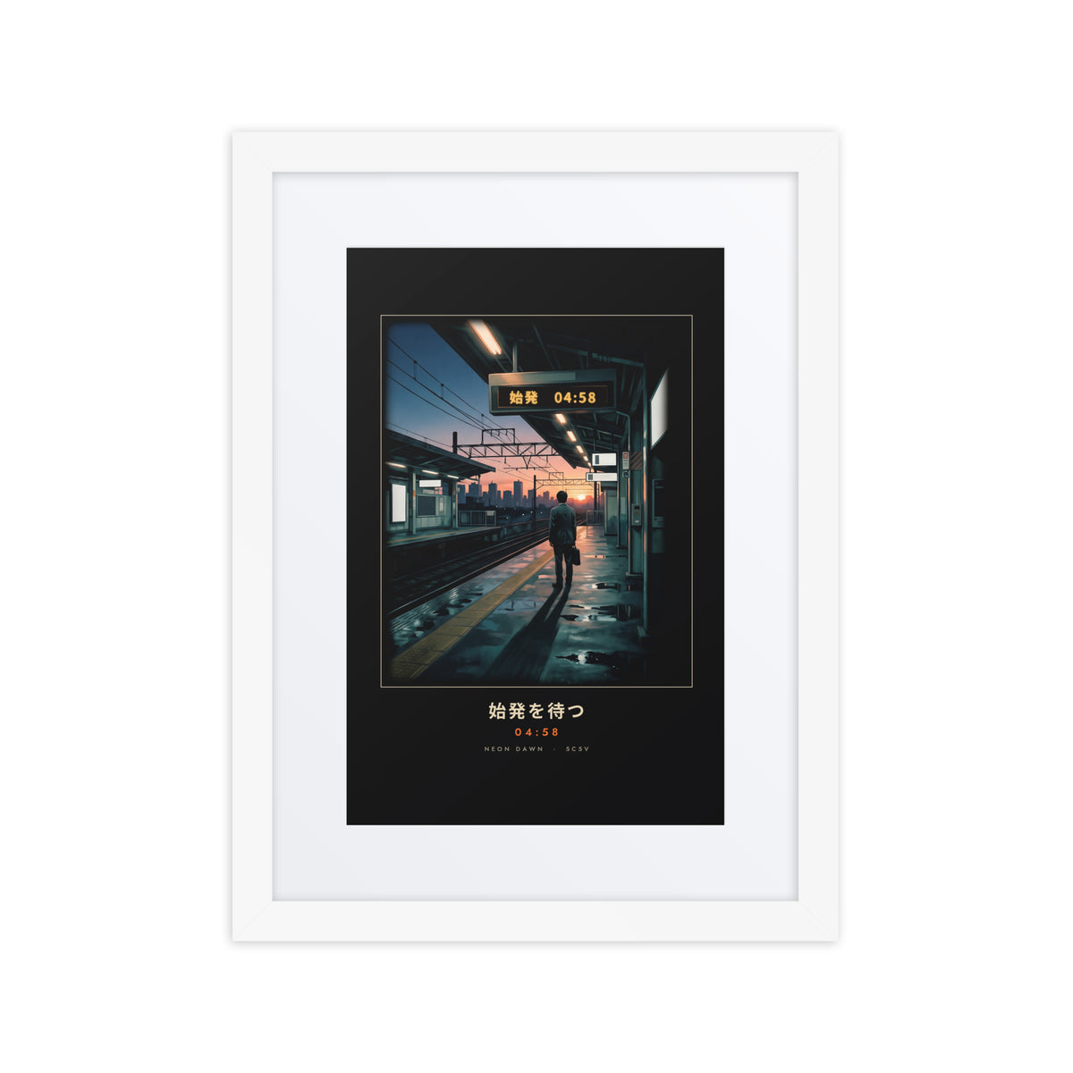 White-framed Shihatsu 始発 (first train) print, 12×16 in: a commuter awaiting Tokyo's first train at sunrise, flat on white