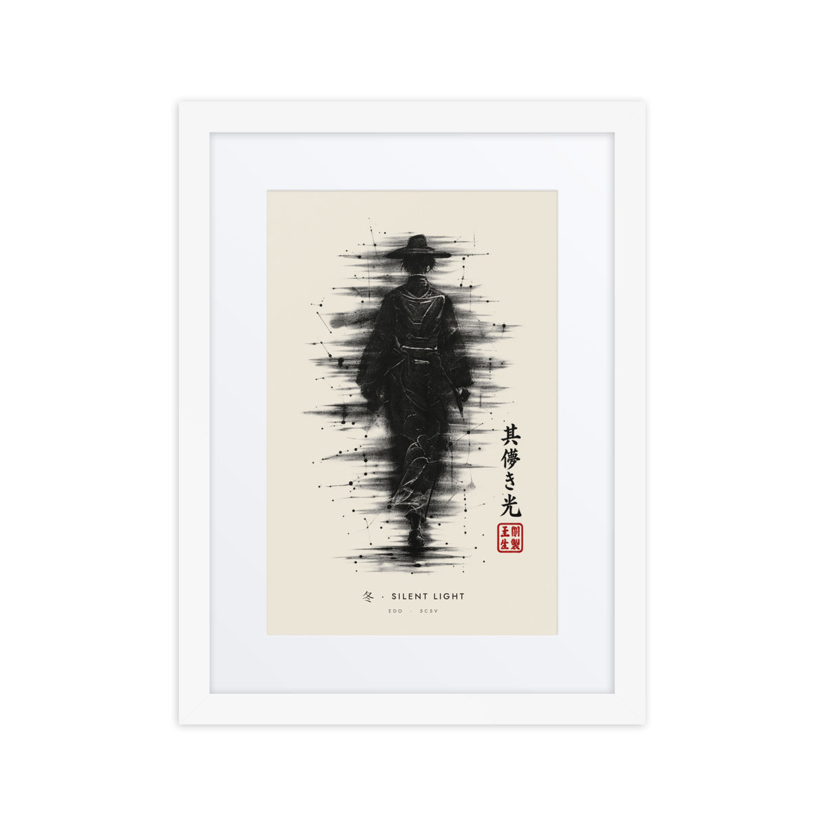 White-framed Silent Light 冬 (winter) print, 12×16 in: ink traveller in a straw hat, heavy black ink, flat on white