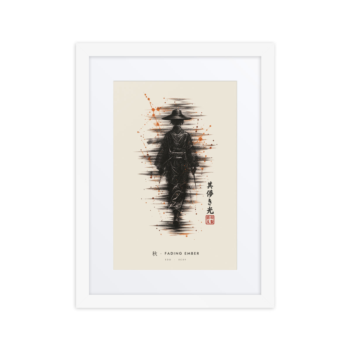 White-framed Fading Ember 秋 (autumn) print, 12×16 in: ink traveller in a straw hat, orange sparks, flat on white