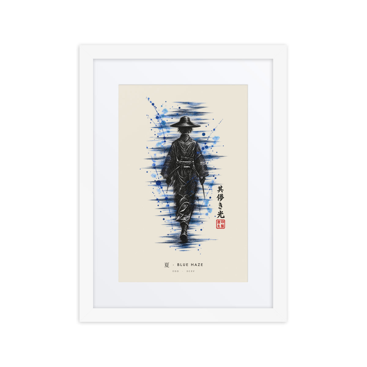White-framed Blue Haze 夏 (summer) print, 12×16 in: ink traveller in a straw hat, splashes of blue, flat on white