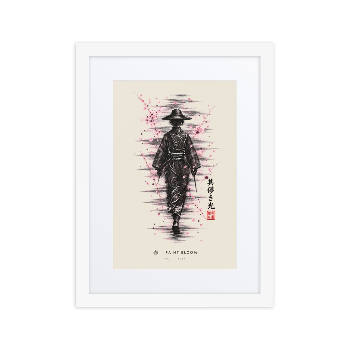 White-framed Faint Bloom 春 (spring) print, 12×16 in: ink traveller in a straw hat, pink blossom, flat on white