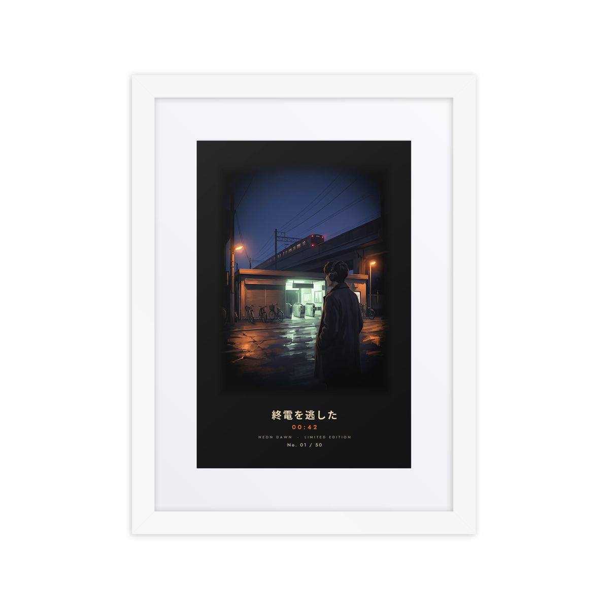 White-framed Shūden 終電 (last train) print, 12×16 in: man in headphones outside a Tokyo station at midnight, flat on white