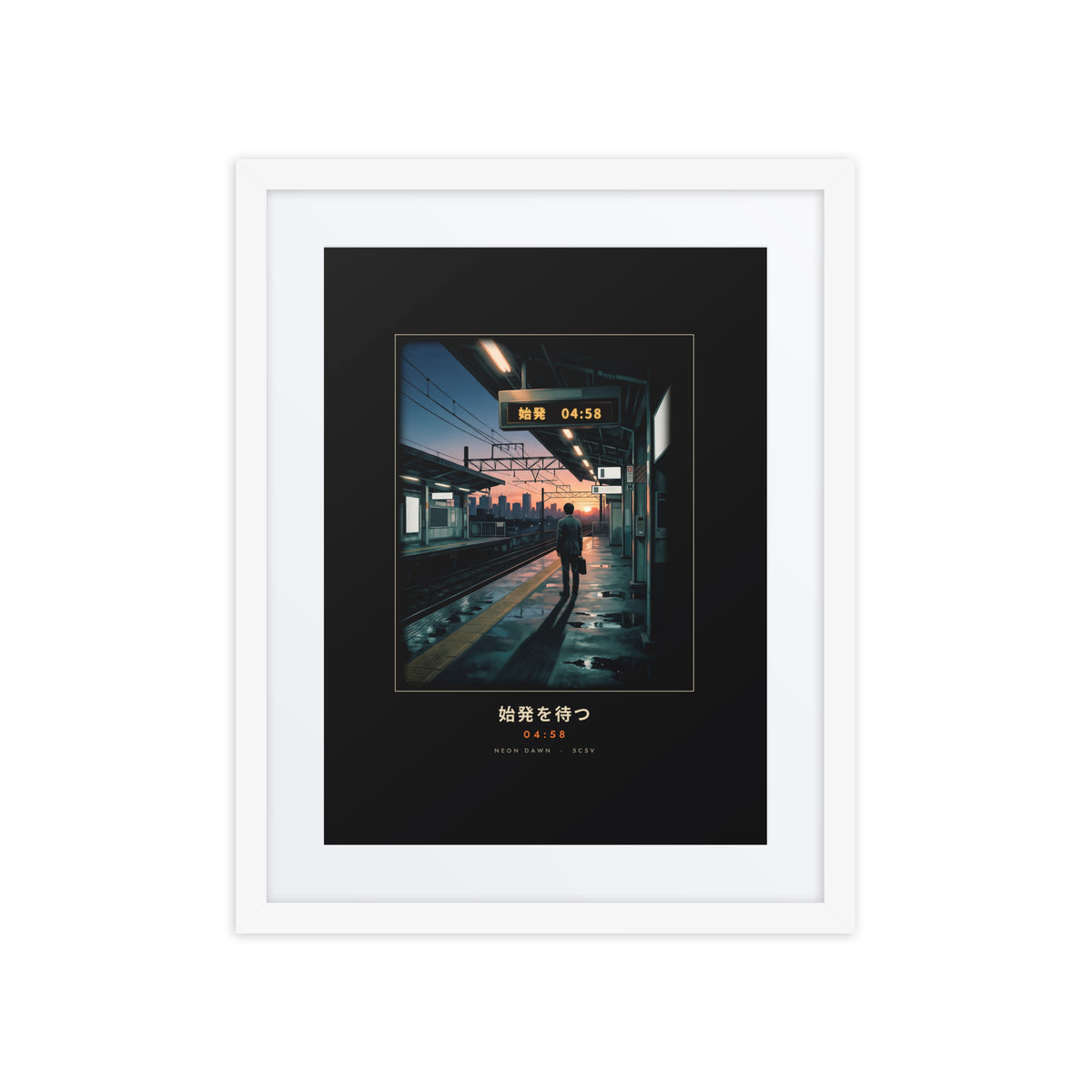 White-framed Shihatsu 始発 (first train) print, 16×20 in: a commuter awaiting Tokyo's first train at sunrise, flat on white
