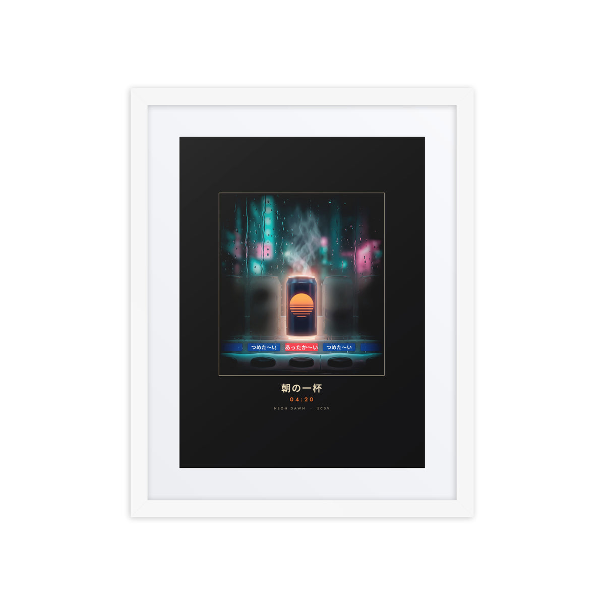 White-framed Asa no Ippai 朝の一杯 (morning cup) print, 16×20 in: a hot can glowing in a rainy vending machine, flat on white