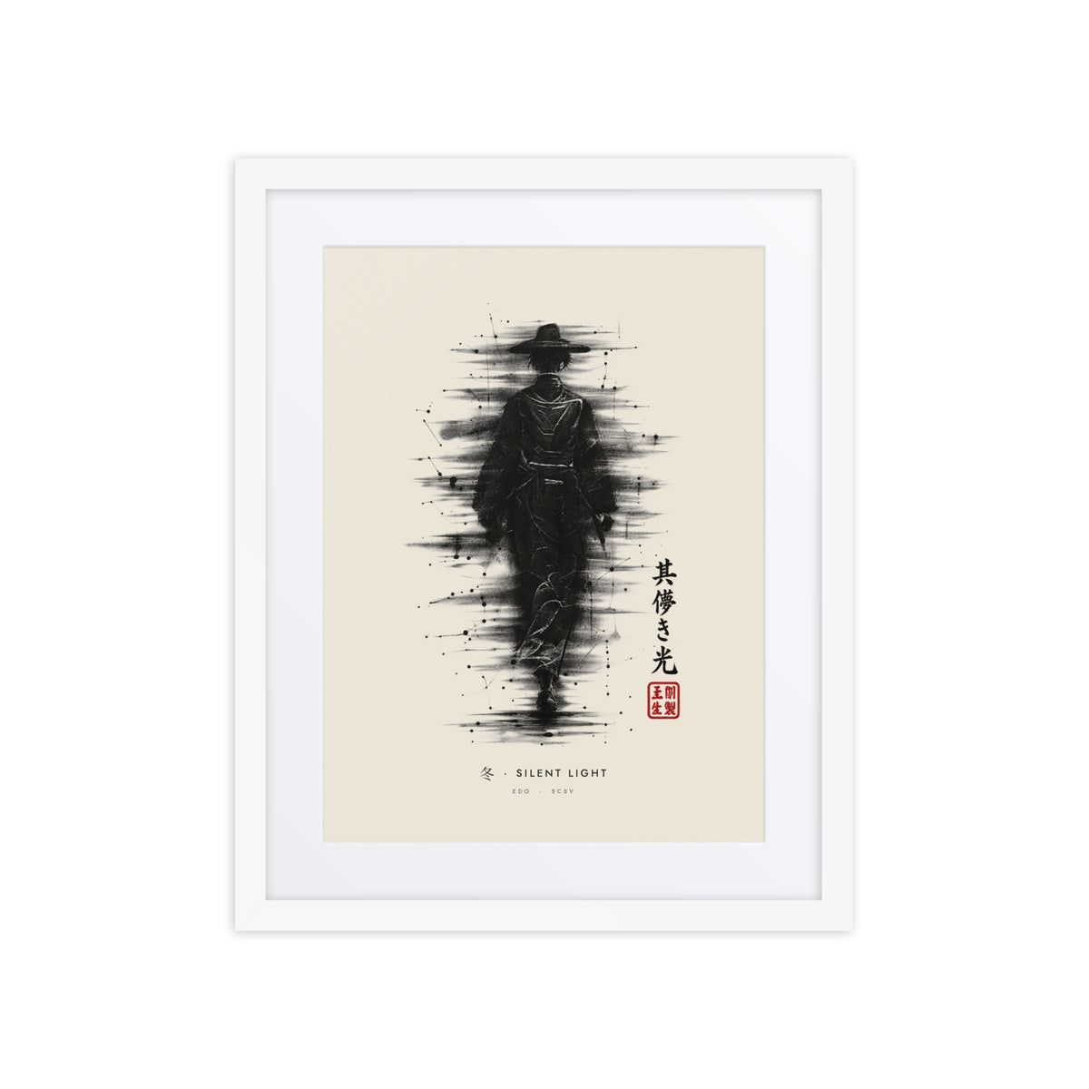 White-framed Silent Light 冬 (winter) print, 16×20 in: ink traveller in a straw hat, heavy black ink, flat on white