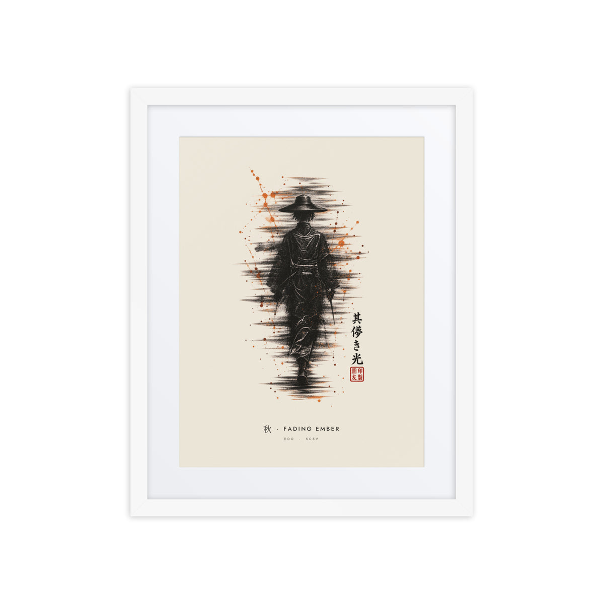 White-framed Fading Ember 秋 (autumn) print, 16×20 in: ink traveller in a straw hat, orange sparks, flat on white