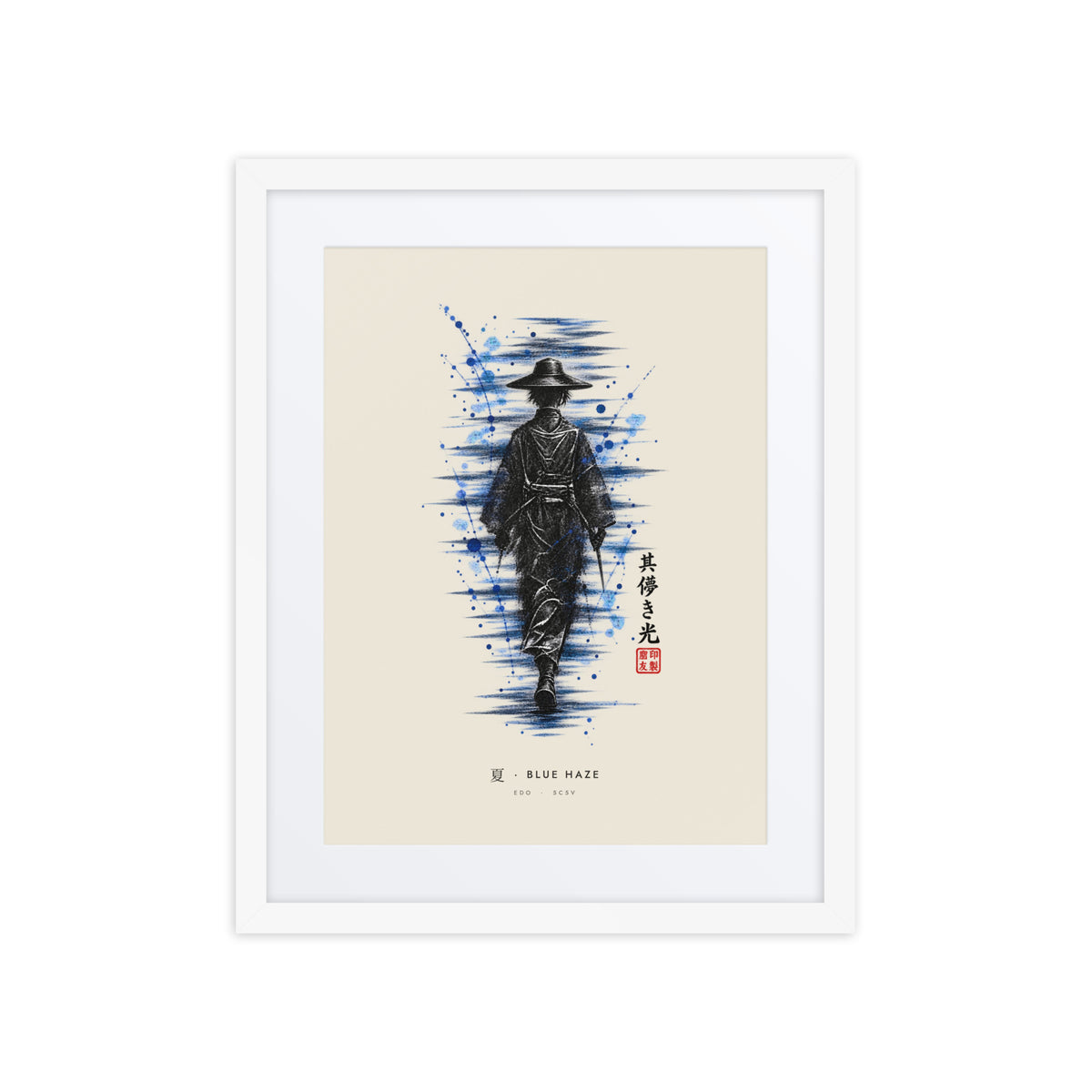 White-framed Blue Haze 夏 (summer) print, 16×20 in: ink traveller in a straw hat, splashes of blue, flat on white
