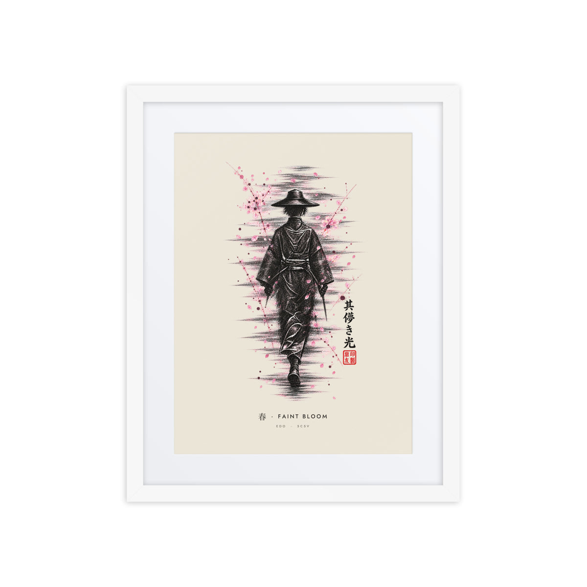 White-framed Faint Bloom 春 (spring) print, 16×20 in: ink traveller in a straw hat, pink blossom, flat on white