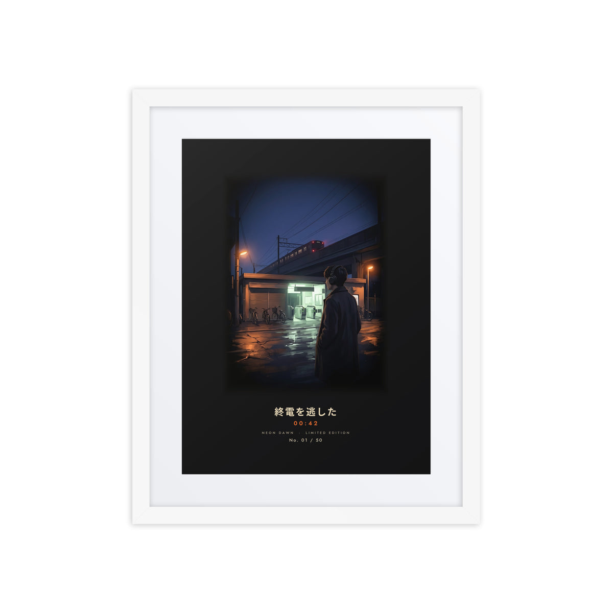 White-framed Shūden 終電 (last train) print, 16×20 in: man in headphones outside a Tokyo station at midnight, flat on white