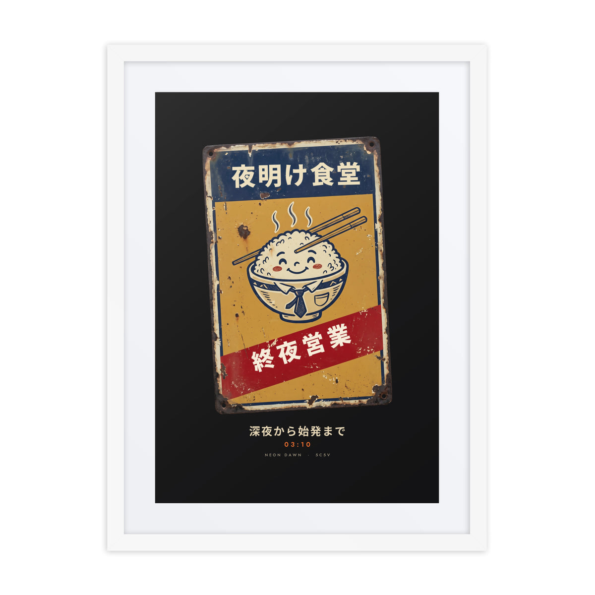 White-framed Shuya Eigyo 終夜営業 (all night) print, 18×24 in: diner sign with a smiling rice bowl, flat on white
