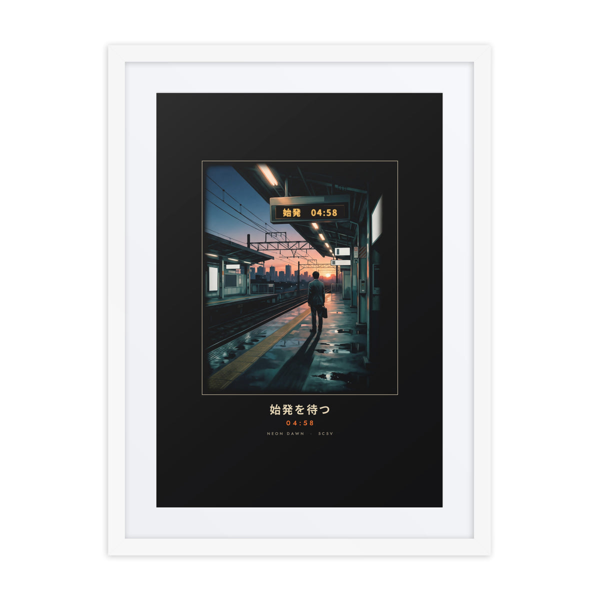 White-framed Shihatsu 始発 (first train) print, 18×24 in: a commuter awaiting Tokyo's first train at sunrise, flat on white