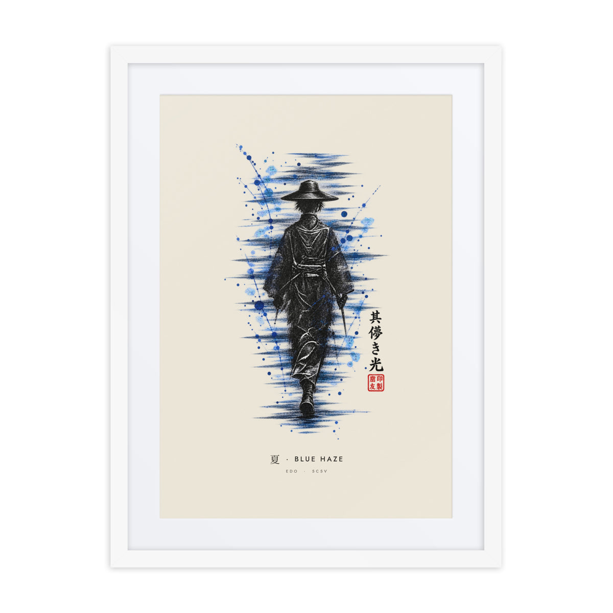 White-framed Blue Haze 夏 (summer) print, 18×24 in: ink traveller in a straw hat, splashes of blue, flat on white