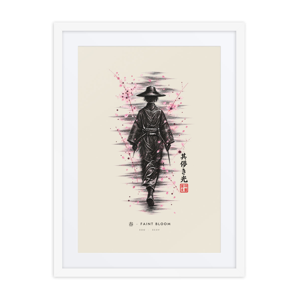 White-framed Faint Bloom 春 (spring) print, 18×24 in: ink traveller in a straw hat, pink blossom, flat on white