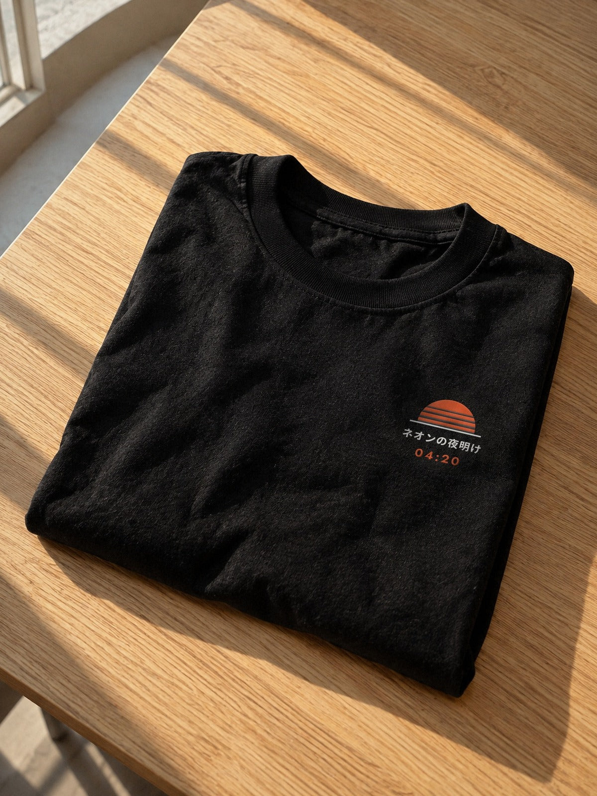 Neon Dawn Asa no Ippai 朝の一杯 heavyweight black tee folded on an oak table in late afternoon light, with the embroidered 04:20 sun on the chest