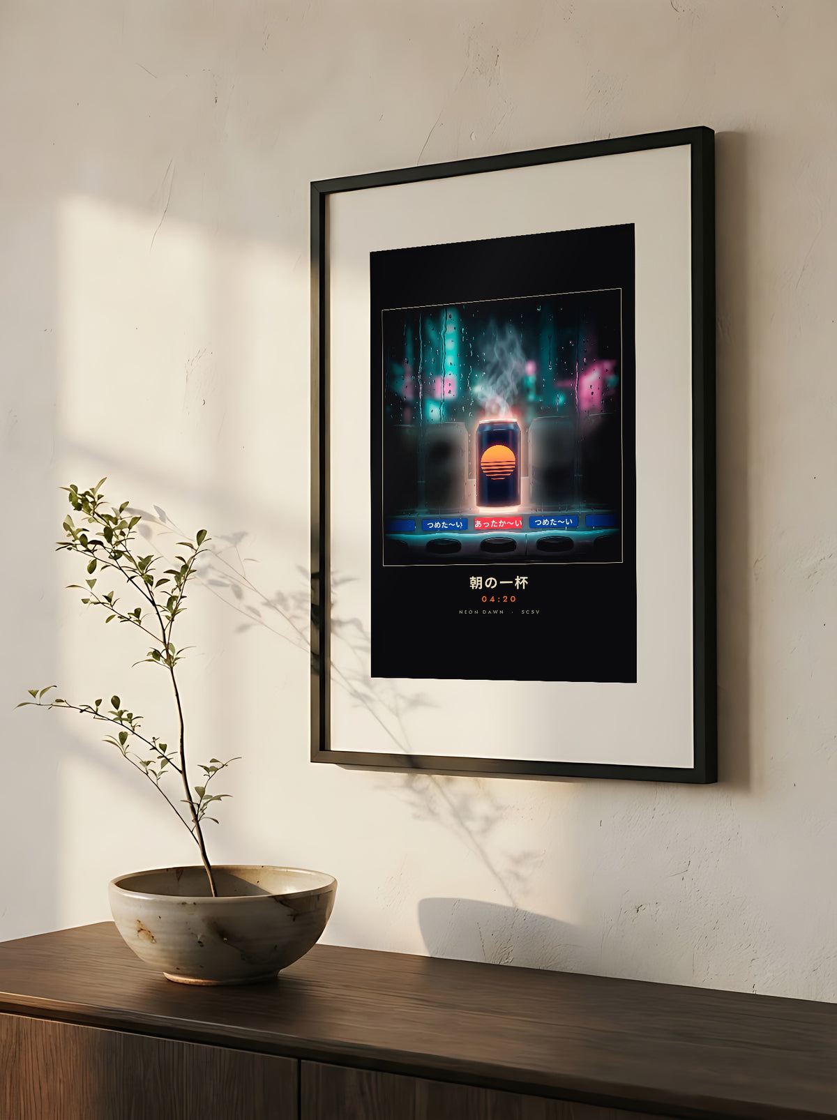 Asa no Ippai 朝の一杯 framed print: glowing hot can in a rainy Tokyo vending machine, close-up of the black frame and white mat