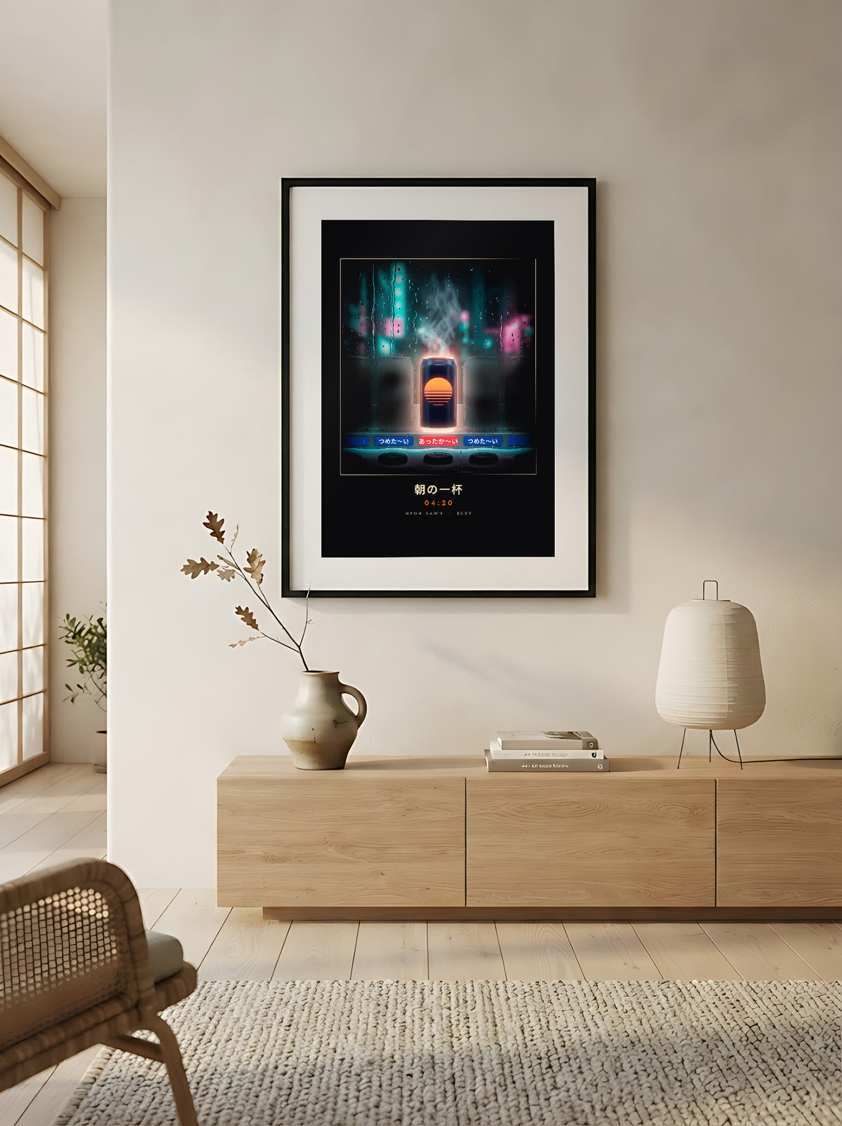 Asa no Ippai 朝の一杯 framed print: glowing hot can in a rainy Tokyo vending machine, in a Japandi living room above an oak sideboard