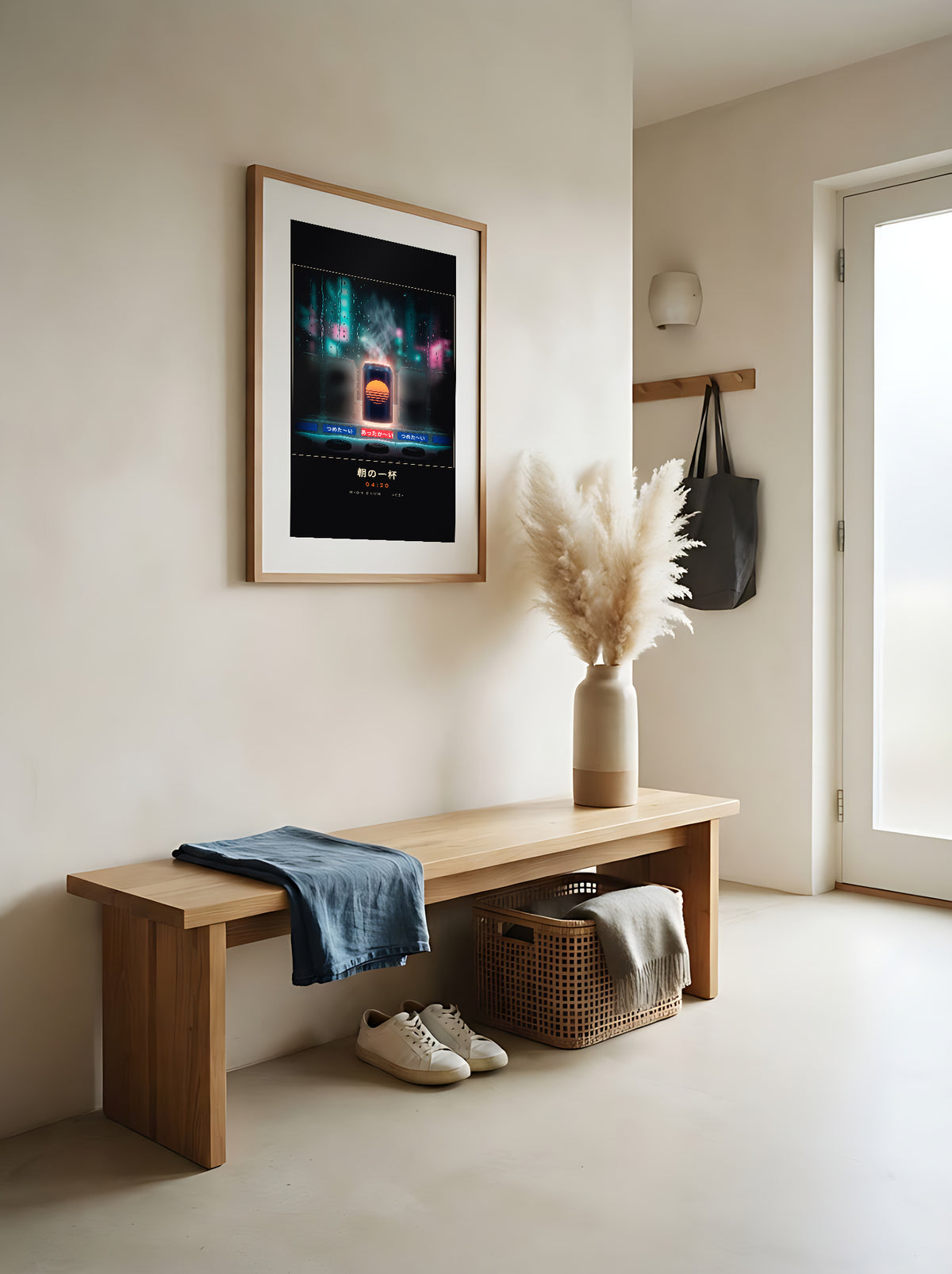 Asa no Ippai 朝の一杯 framed print: glowing hot can in a rainy Tokyo vending machine, red oak frame in a Japandi entrance hall