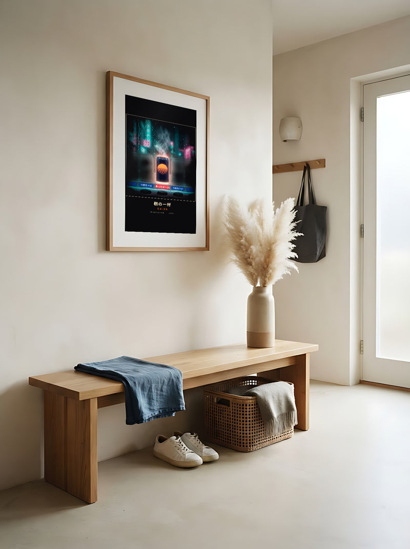 Asa no Ippai 朝の一杯 framed print: glowing hot can in a rainy Tokyo vending machine, red oak frame in a Japandi entrance hall