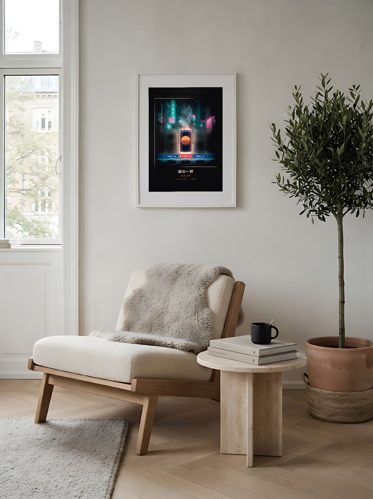 Asa no Ippai 朝の一杯 framed print: glowing hot can in a rainy Tokyo vending machine, in a Scandinavian reading corner, white frame