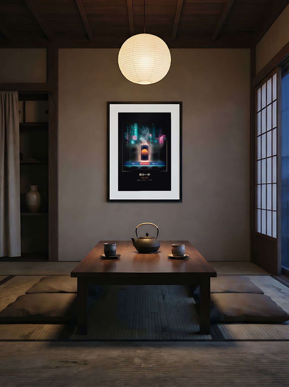 Asa no Ippai 朝の一杯 framed print: glowing hot can in a rainy Tokyo vending machine, in a tatami dining room at dusk