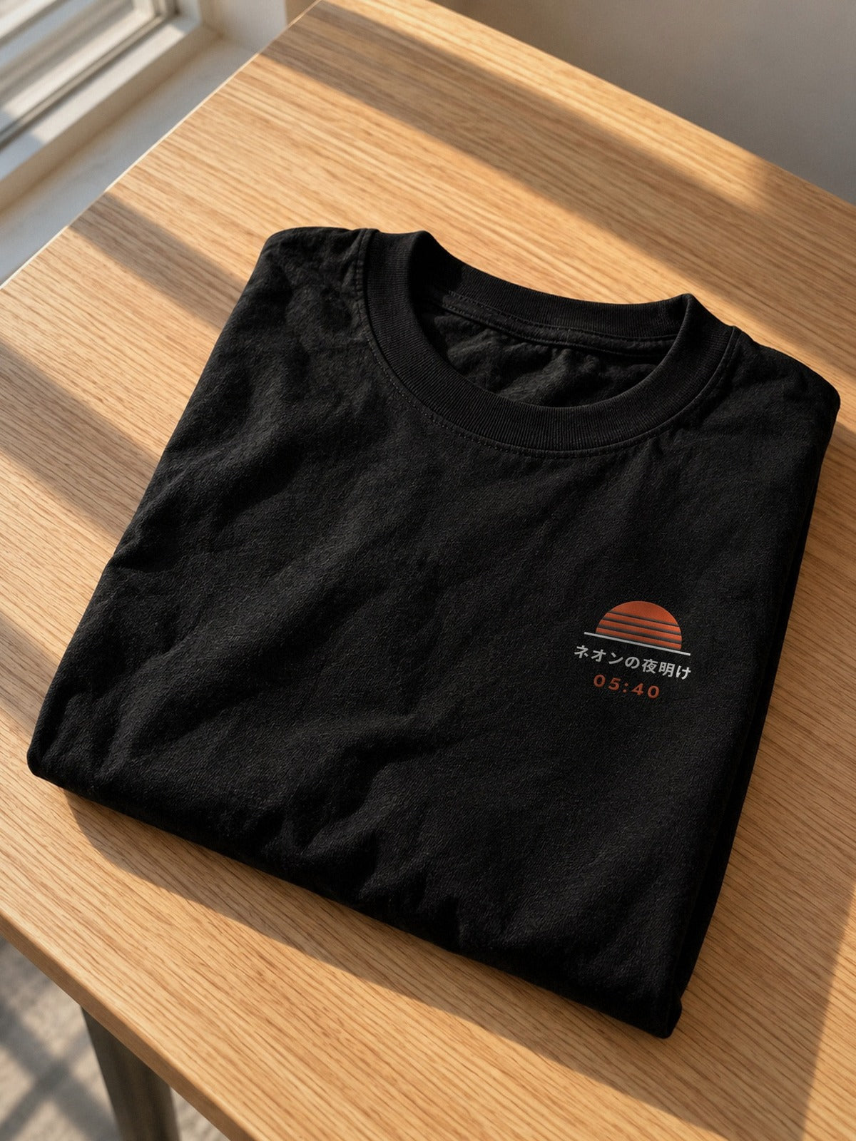 Neon Dawn Kage 影 heavyweight black tee folded on an oak table in late afternoon light, with the embroidered 05:40 sun on the chest