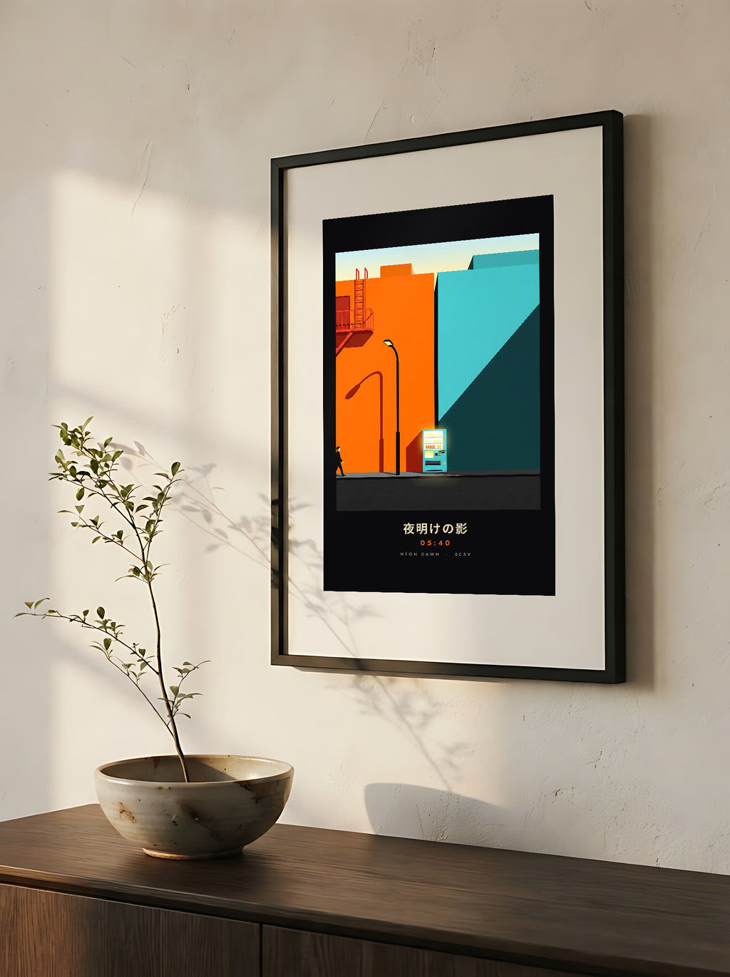 Kage 影 framed print: orange and teal Tokyo street with a vending machine at dawn, close-up of the black frame and white mat