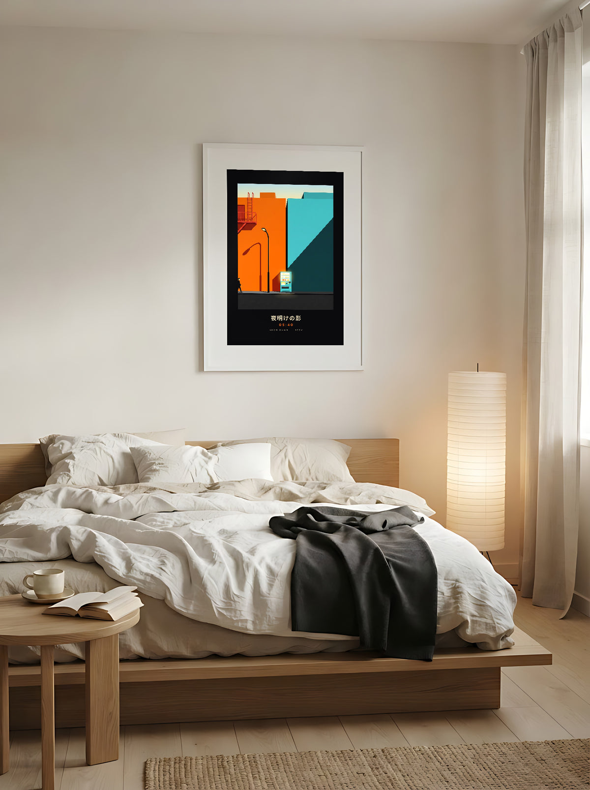 Kage 影 framed print: orange and teal Tokyo street with a vending machine at dawn, above a low oak bed in a Japandi bedroom