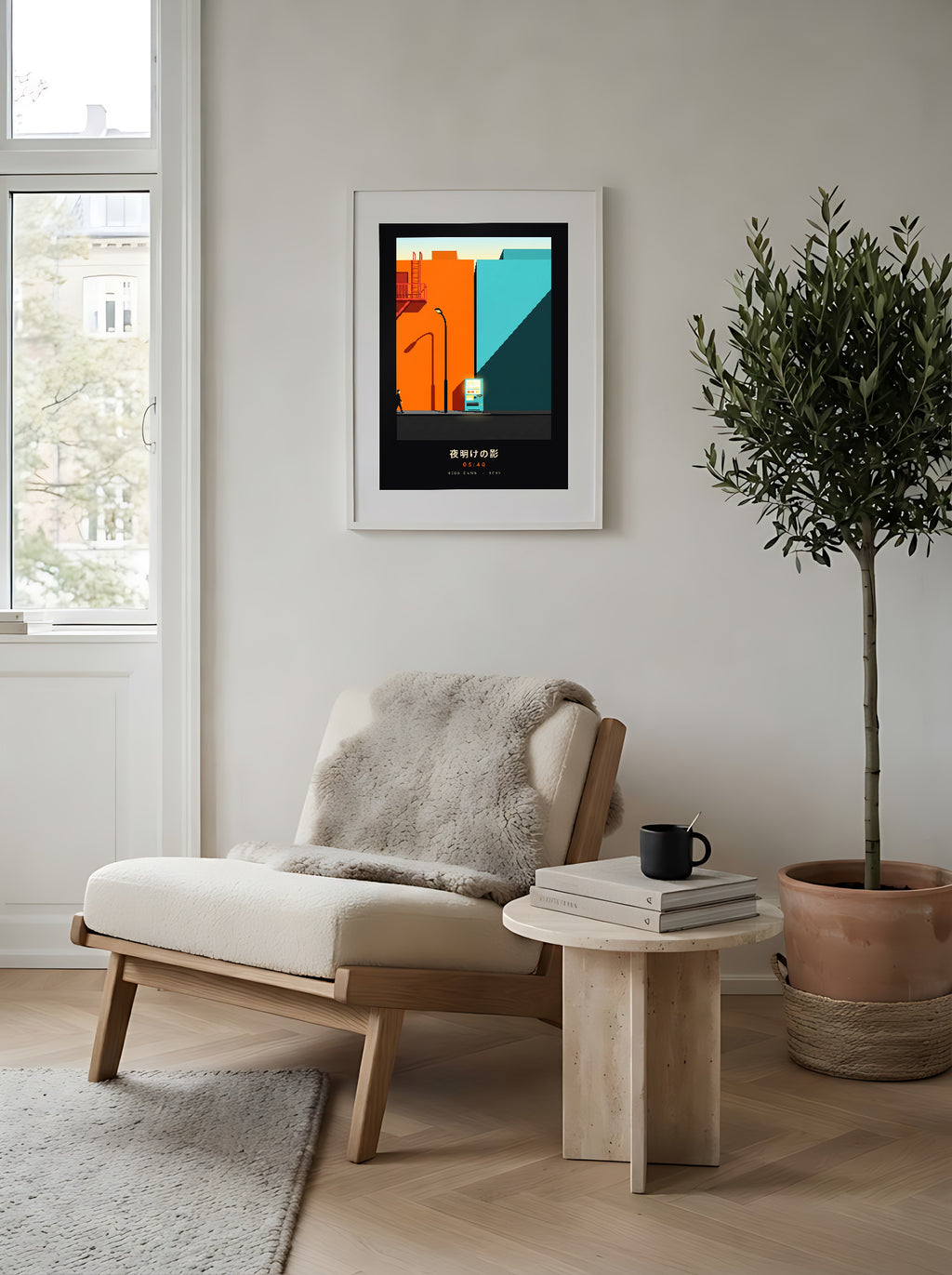 Kage 影 framed print: orange and teal Tokyo street with a vending machine at dawn, in a Scandinavian reading corner, white frame