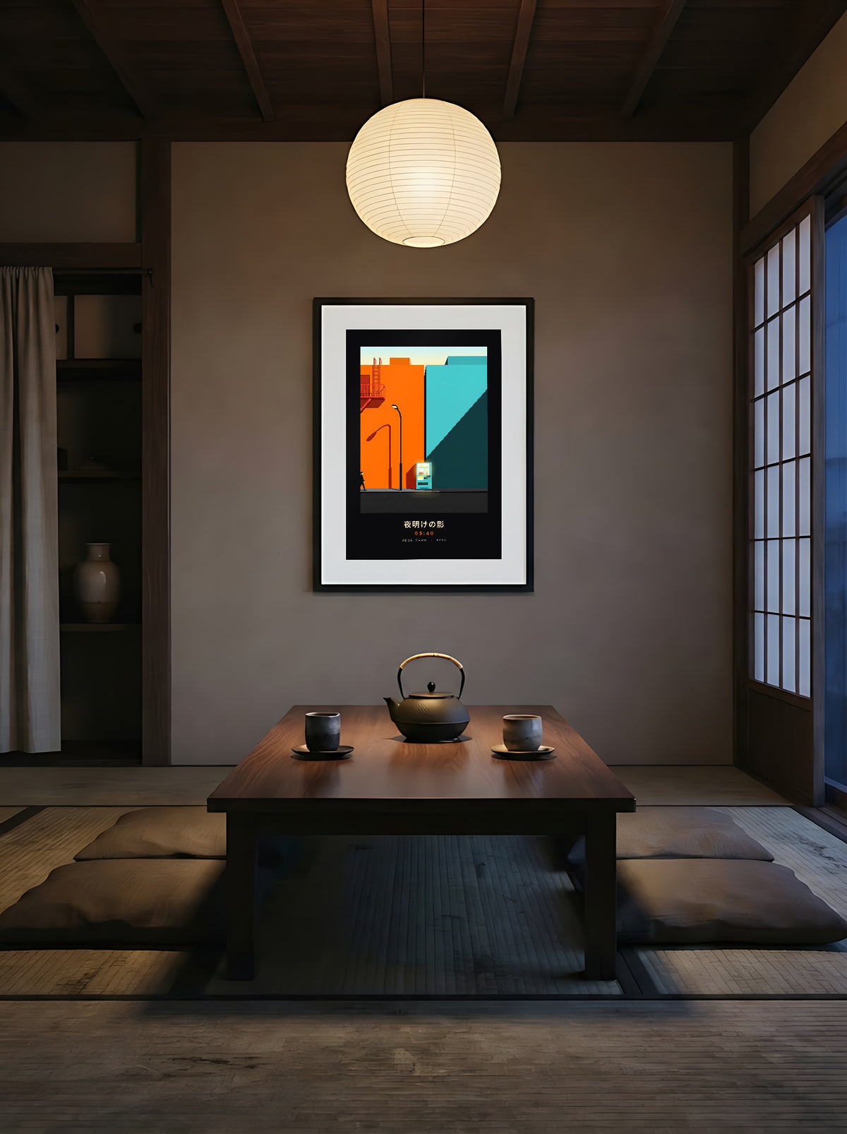 Kage 影 framed print: orange and teal Tokyo street with a vending machine at dawn, in a tatami dining room at dusk