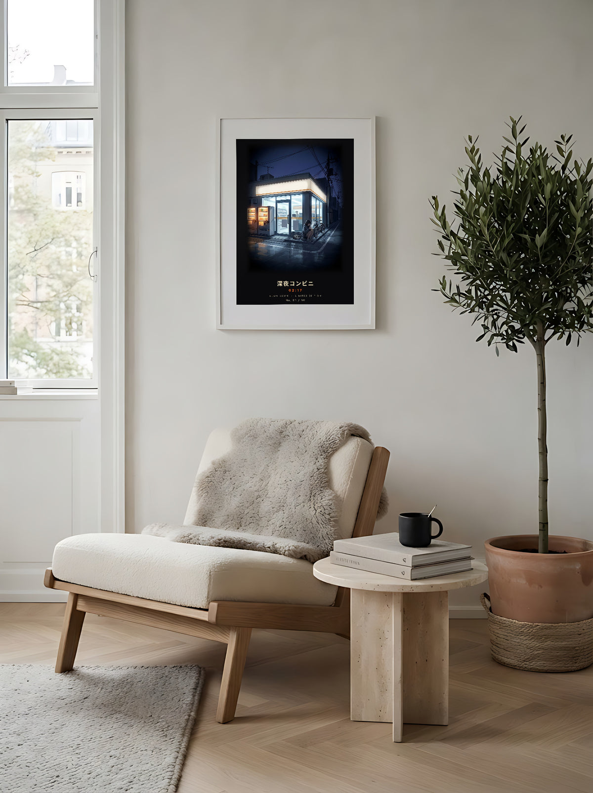 Shin'ya Konbini 深夜コンビニ limited edition framed print: a girl with a cup noodle outside a glowing Tokyo convenience store at 2am, white frame in a Scandi reading corner
