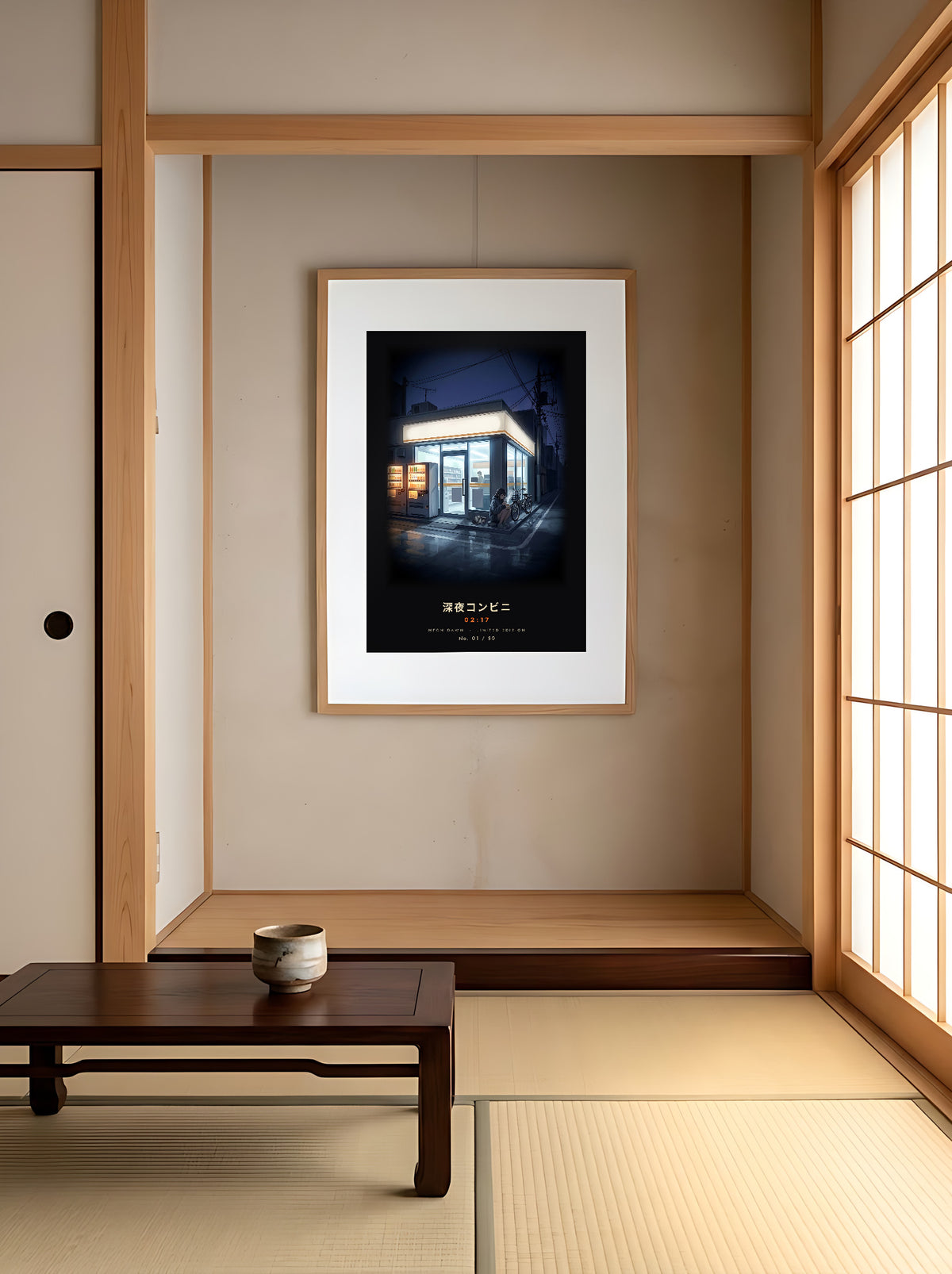 Shin'ya Konbini 深夜コンビニ limited edition framed print: a girl with a cup noodle outside a glowing Tokyo convenience store at 2am, oak frame in a tatami alcove beside shoji screens